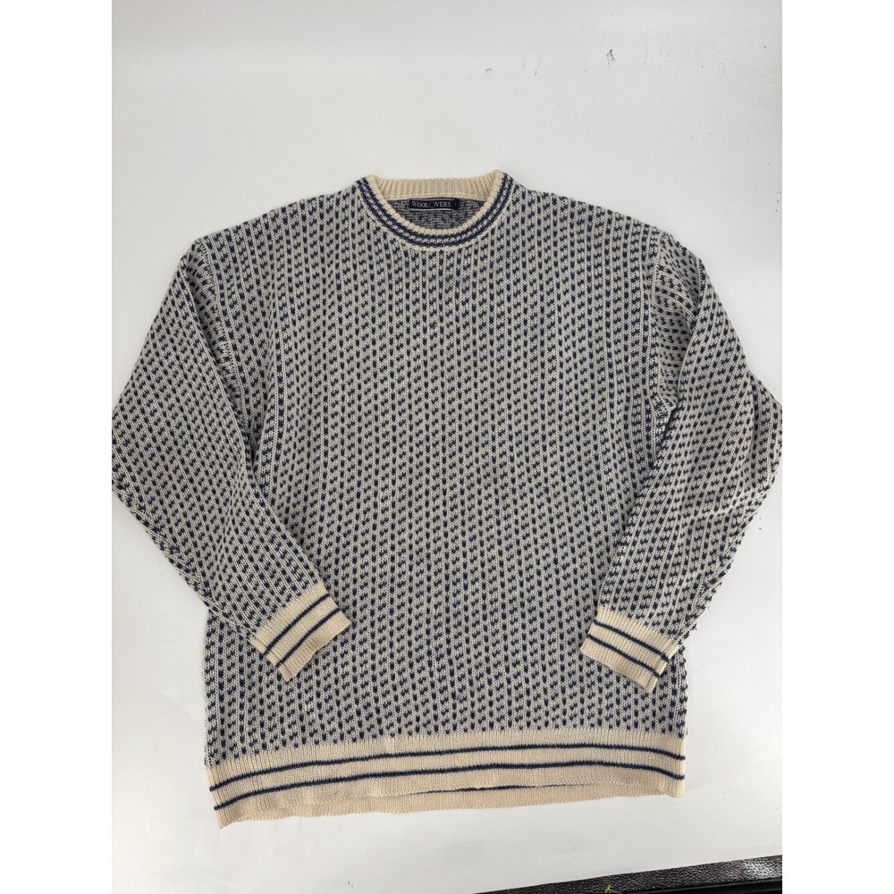 WoolOvers Mens Large 100% Pure Wool Crewneck Sweater Birds Eye Knit Navy Cream